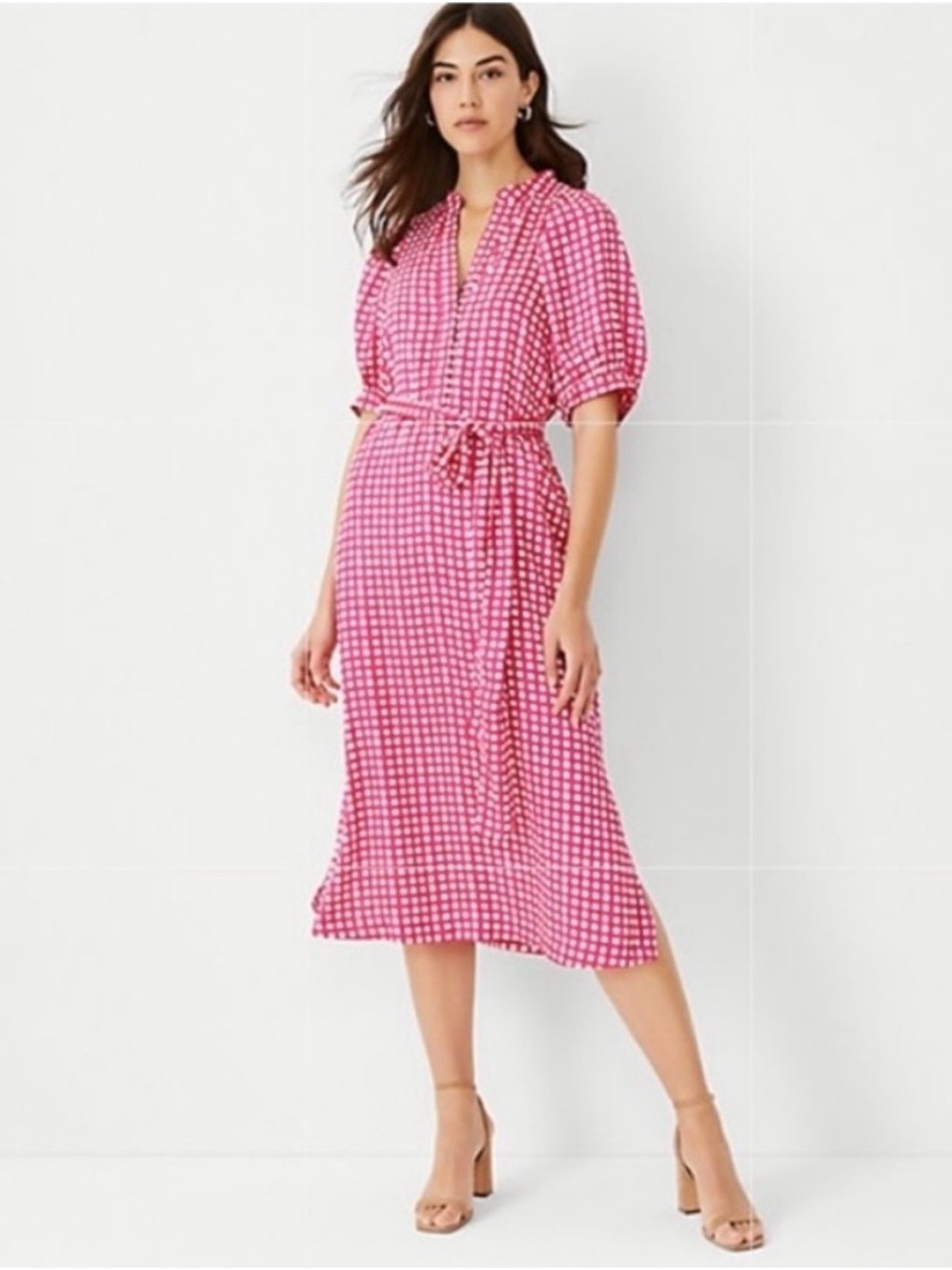 Ann Taylor Pink Gingham‎ Tie-Waist Midi Dress NWT M